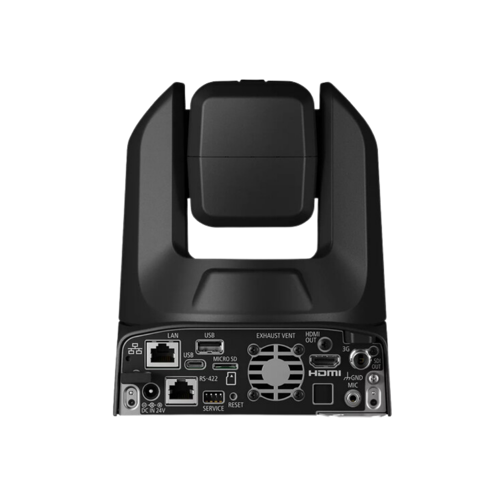 Canon CR-N300 PTZ Camera with rear panel connectors including LAN, USB, HDMI, and exhaust vent, shown on a plain white background.