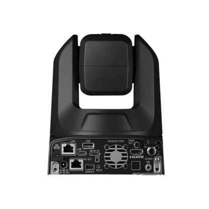 Canon CR-N300 PTZ Camera with rear panel connectors including LAN, USB, HDMI, and exhaust vent, shown on a plain white background.