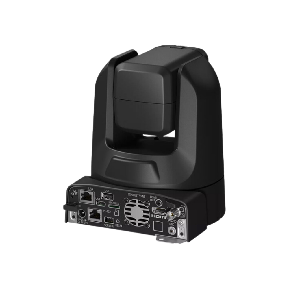 Black PTZ security camera with a motorized gimbal head and a base showing rear connectivity ports including Ethernet, USB, HDMI, and audio jacks, isolated on a white background.
