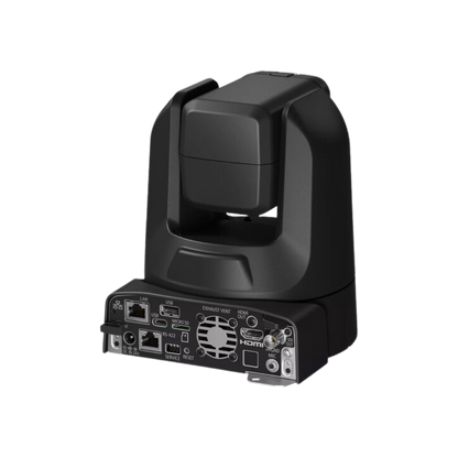 Black PTZ security camera with a motorized gimbal head and a base showing rear connectivity ports including Ethernet, USB, HDMI, and audio jacks, isolated on a white background.