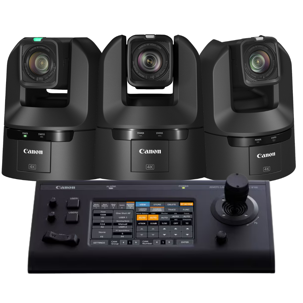 Three Canon camera units with a control panel on a white background