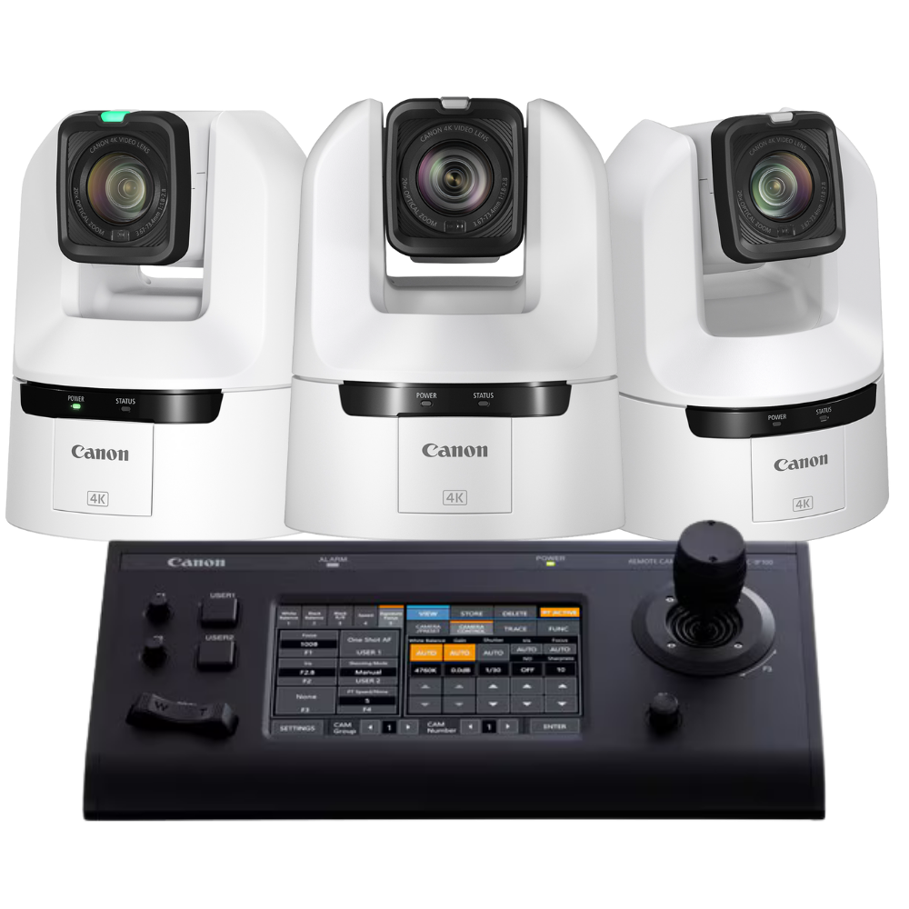 Three Canon CR-N350 camera units with a control panel on a white background