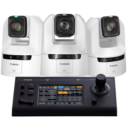 Three Canon CR-N350 camera units with a control panel on a white background