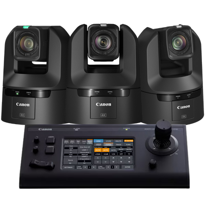 Three Canon camera units with a control panel on a white background