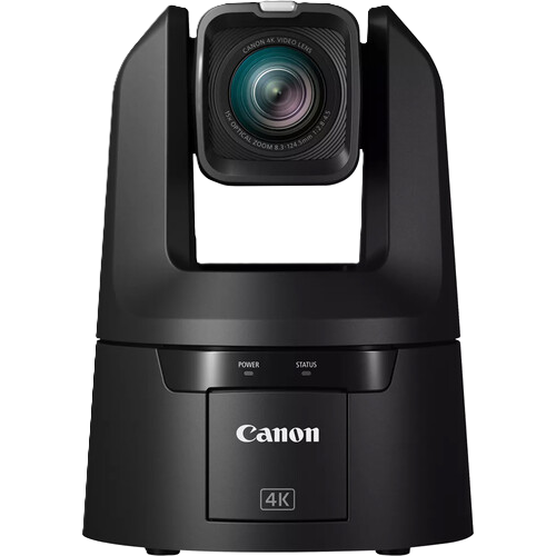 Canon 4K video conference camera with a black rotating base and a square lens module, shown on a plain white background.