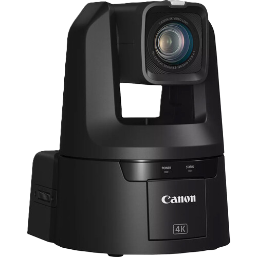 Canon 4K portable video camera with a black housing and adjustable eyepiece, shown on a solid white background.