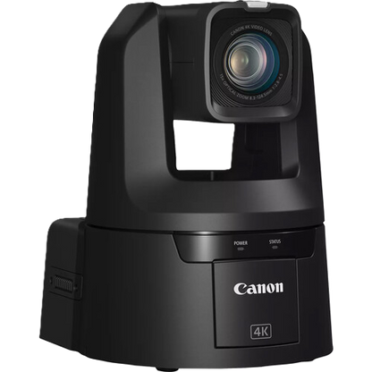 Canon 4K portable video camera with a black housing and adjustable eyepiece, shown on a solid white background.