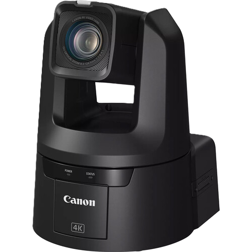 Black Canon video conference camera on a white background