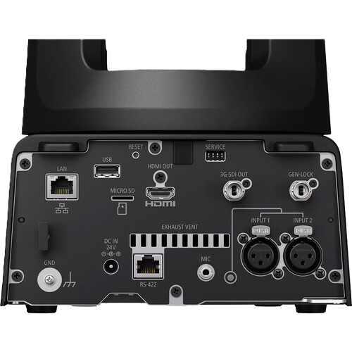 Rear panel of a black electronic device showing various input and output ports including LAN, USB, HDMI OUT, 3G-4G OUT, GEN-LOCK, DC IN, INPUT 1, and INPUT 2, photographed on a white background.