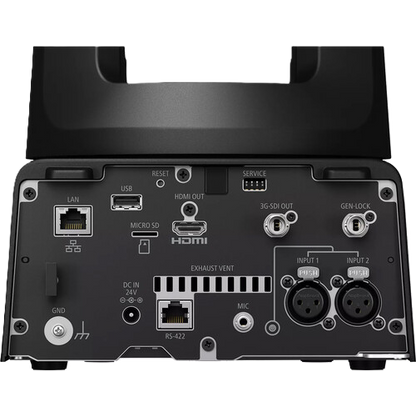 Rear panel of a black electronic device showing various input and output ports including LAN, USB, HDMI OUT, 3G-4G OUT, GEN-LOCK, DC IN, INPUT 1, and INPUT 2, photographed on a white background.