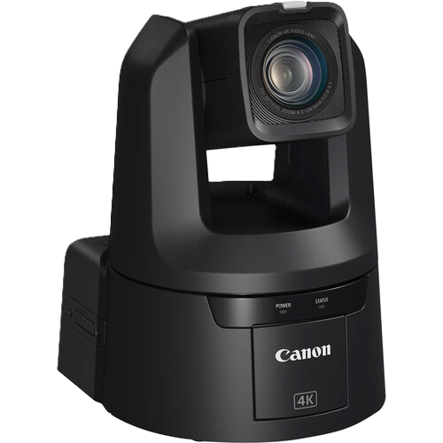 Black Canon video conference camera on a white background