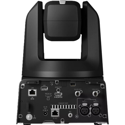 Black PTZ security camera rear panel showing various input and output ports including HDMI, Ethernet, USB, and XLR connectors, with the rotating head and mounting bracket visible above.