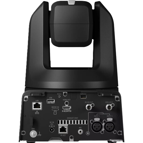 Black PTZ security camera rear panel showing various input and output ports including HDMI, Ethernet, USB, and XLR connectors, with the rotating head and mounting bracket visible above.
