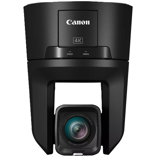 Canon 4K handheld camera with a black body, featuring a front-facing lens and the Canon logo on the top section, shown against a plain white background.