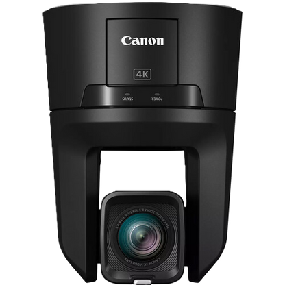 Canon 4K handheld camera with a black body, featuring a front-facing lens and the Canon logo on the top section, shown against a plain white background.