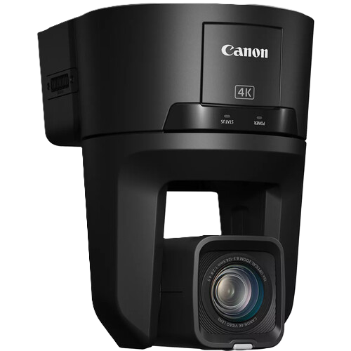 Canon 4K handheld camera in matte black, featuring a prominent front lens and a top display panel with the Canon logo and 4K badge, shown on a solid white background.