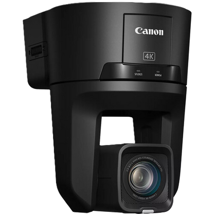 Canon 4K handheld camera in matte black, featuring a prominent front lens and a top display panel with the Canon logo and 4K badge, shown on a solid white background.