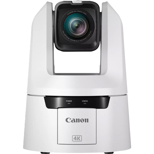 Canon 4K PTZ security camera with a white housing, black control panel, and prominent lens assembly, shown on a solid white background.