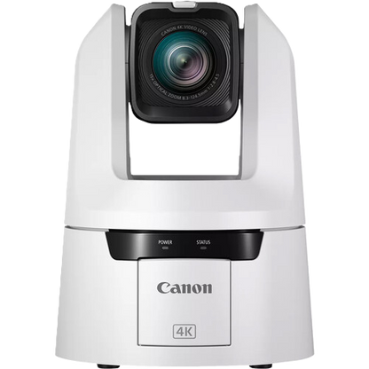 Canon 4K PTZ security camera with a white housing, black control panel, and prominent lens assembly, shown on a solid white background.