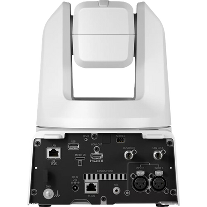 Back view of a device with various ports and connectors on a white background