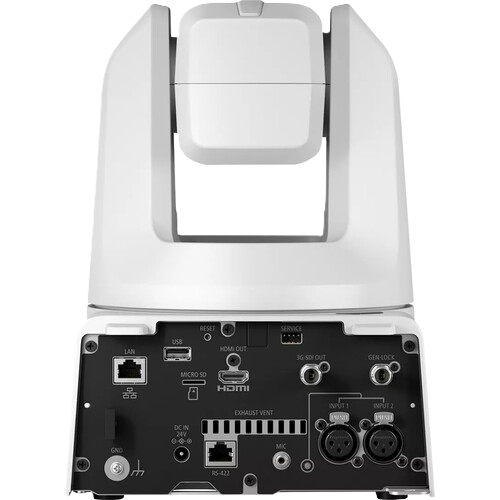 Back view of a device with various ports and connectors on a white background