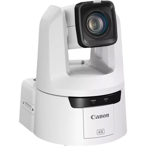 A Canon 4K portable video conferencing camera in white with a black lens housing and control panel, shown on a solid white background.