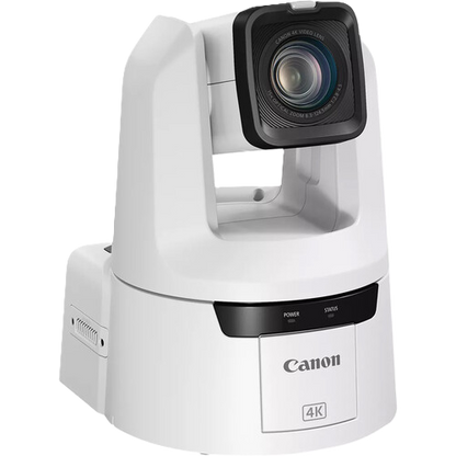 A Canon 4K portable video conferencing camera in white with a black lens housing and control panel, shown on a solid white background.