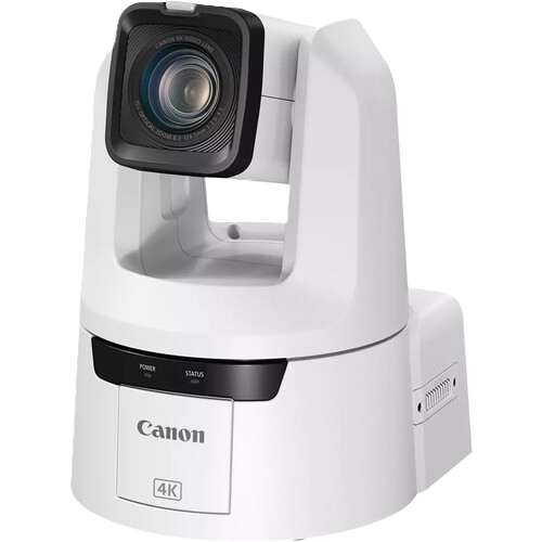 Canon 4K PTZ security camera in white and black, shown at a three-quarter angle on a solid white background.