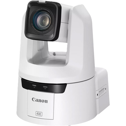 Canon 4K PTZ security camera in white and black, shown at a three-quarter angle on a solid white background.