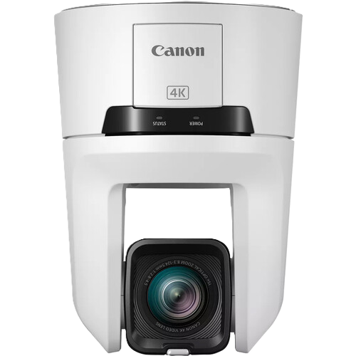 Canon 4K Ultra HD wireless video camera with a white cylindrical body, black control band, and square lens module, shown on a solid white background.