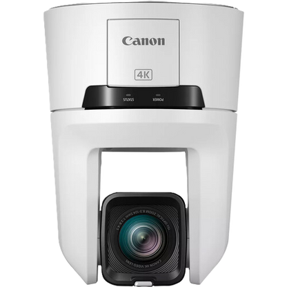 Canon 4K Ultra HD wireless video camera with a white cylindrical body, black control band, and square lens module, shown on a solid white background.