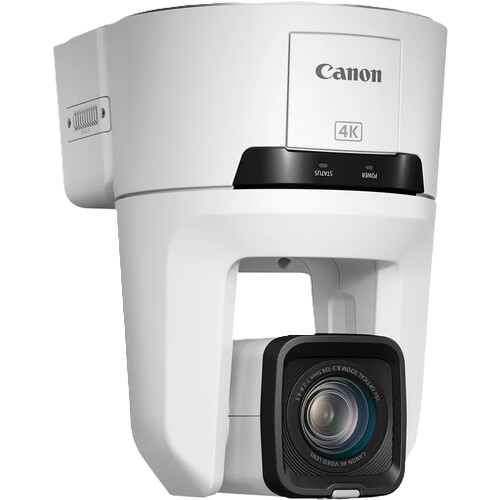Canon 4K robotic camera mount in white and black, featuring a large lens at the front and a Canon logo on the top housing, shown against a solid white background.