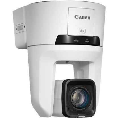 Canon 4K robotic camera mount in white and black, featuring a large lens at the front and a Canon logo on the top housing, shown against a solid white background.