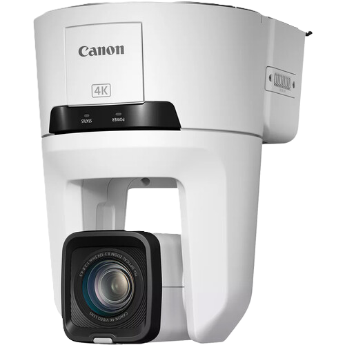 Canon 4K industrial security camera in a white housing with a black lens cover, shown on a solid white background.