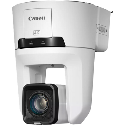 Canon 4K industrial security camera in a white housing with a black lens cover, shown on a solid white background.