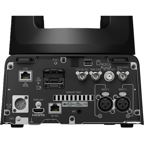 Back view of a professional audio or video equipment unit with various connectors and ports.