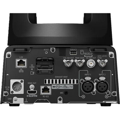 Back view of a professional audio or video equipment unit with various connectors and ports.