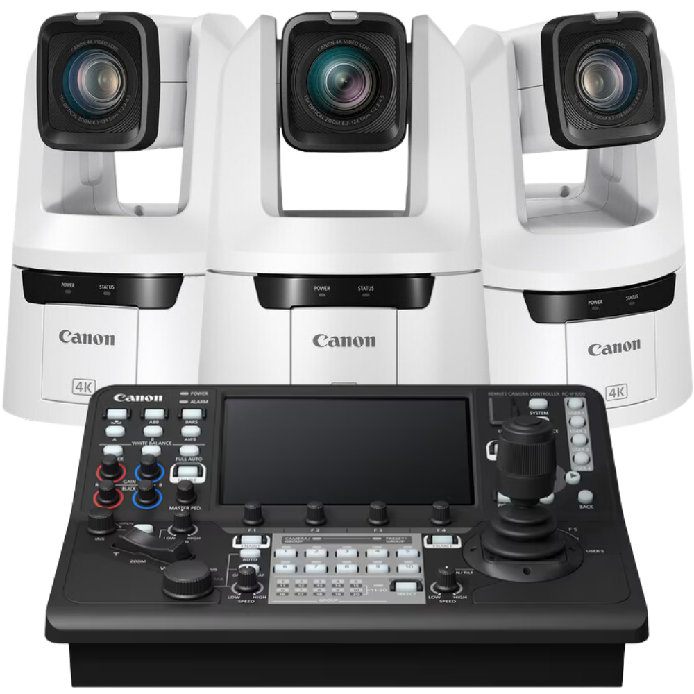 Three Canon camera units with a control panel on a white background