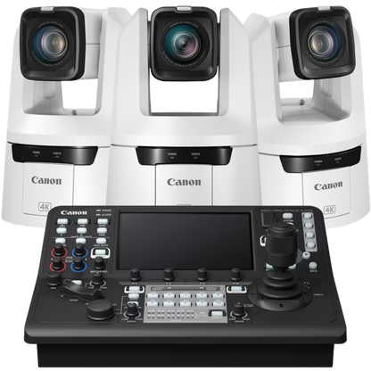 Three Canon camera units with a control panel on a white background
