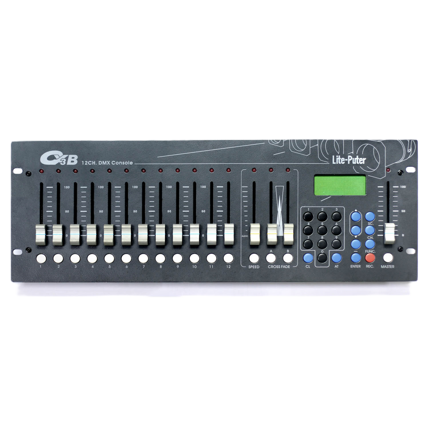 iKan Lite-Puter 12-Channel DMX Lighting Console DMX console with control buttons and display on a white background