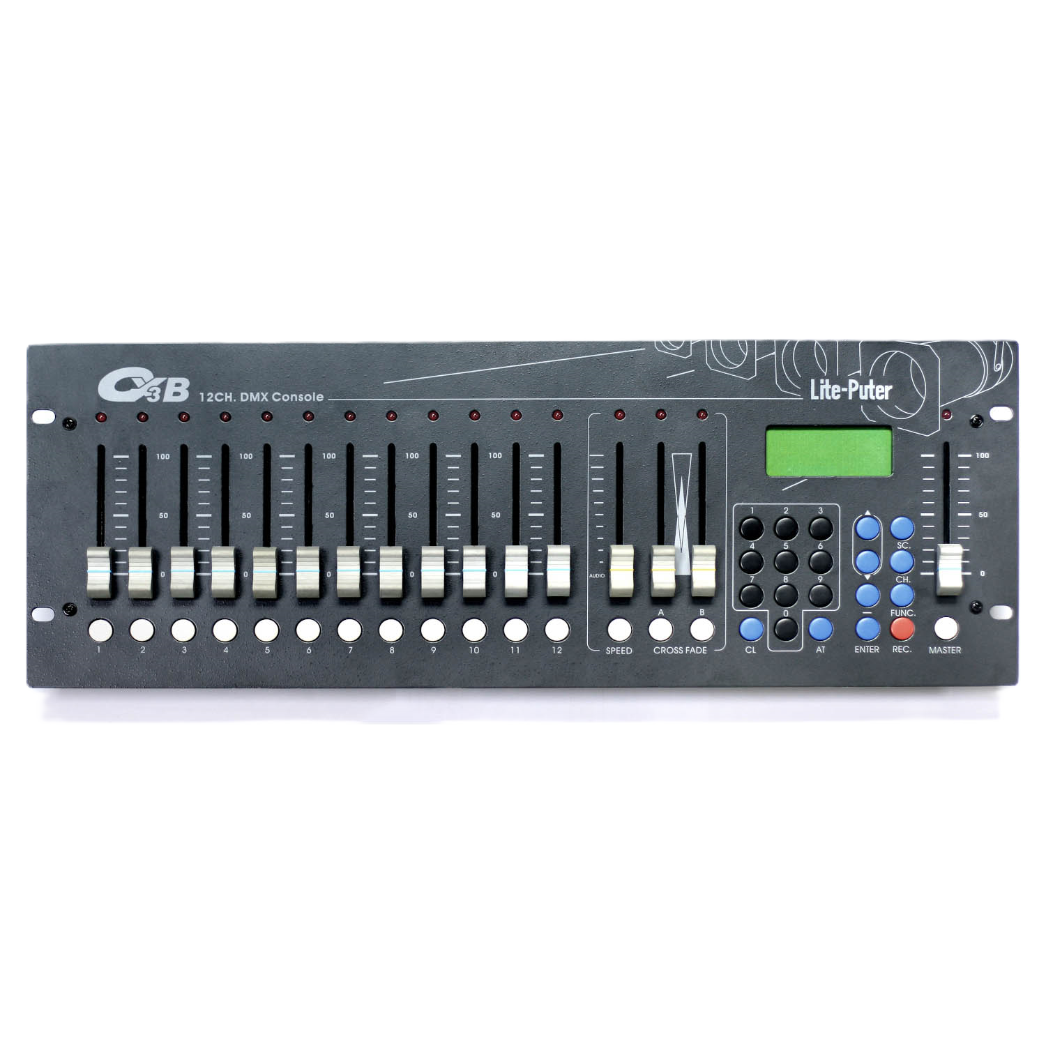 iKan Lite-Puter 12-Channel DMX Lighting Console DMX console with control buttons and display on a white background