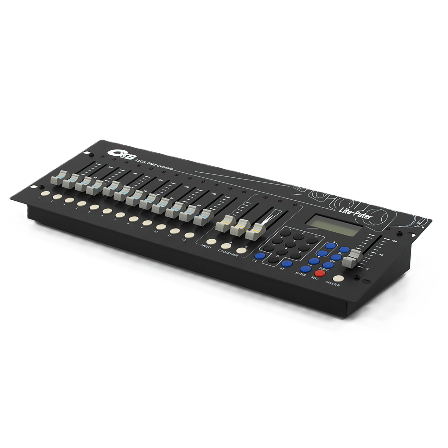 Black lighting console with control panel on a white background