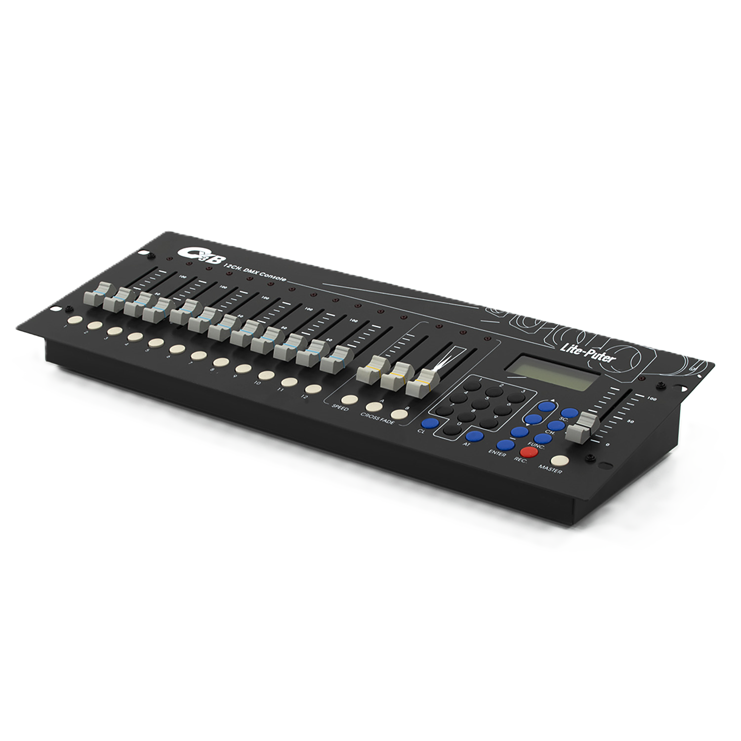 Black lighting console with control panel on a white background