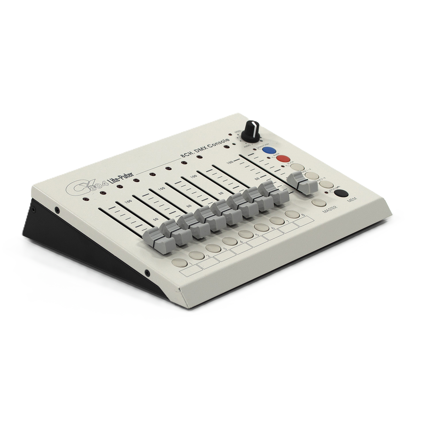 iKan Lite-Puter 8-Channel DMX Lighting Console Small control panel with buttons and sliders on a white background