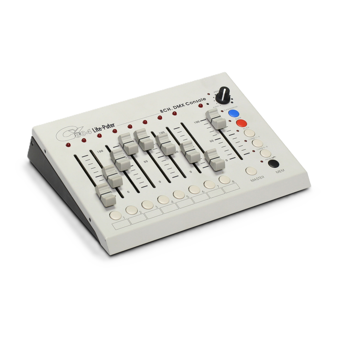 iKan Lite-Puter 8-Channel DMX Lighting Console Control panel with buttons and sliders on a white background