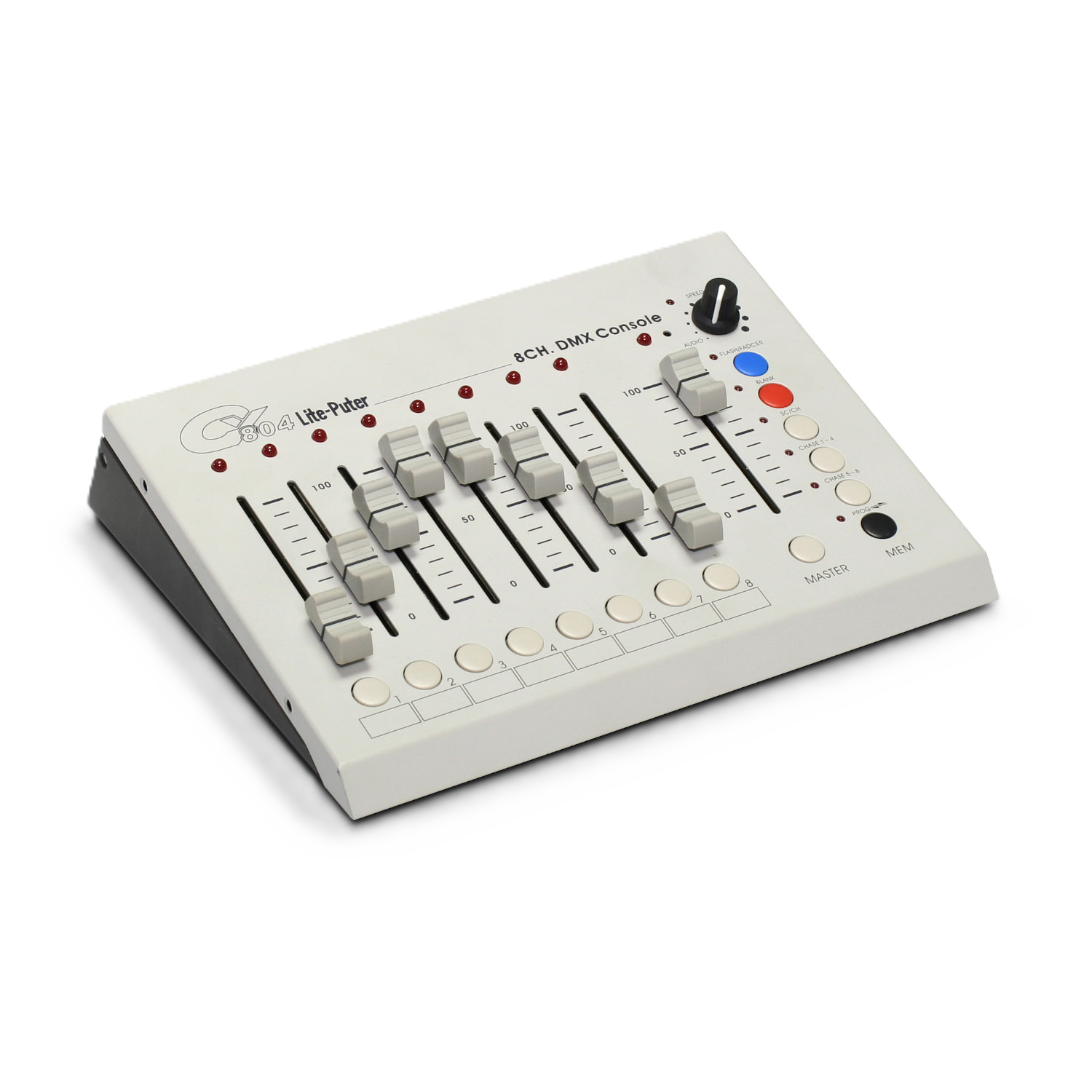 iKan Lite-Puter 8-Channel DMX Lighting Console Control panel with buttons and sliders on a white background