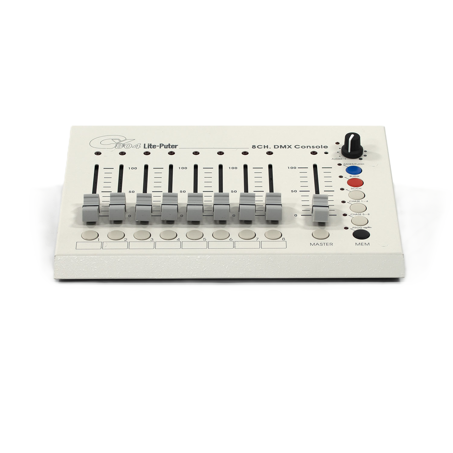 DMX console with control buttons and sliders on a white background