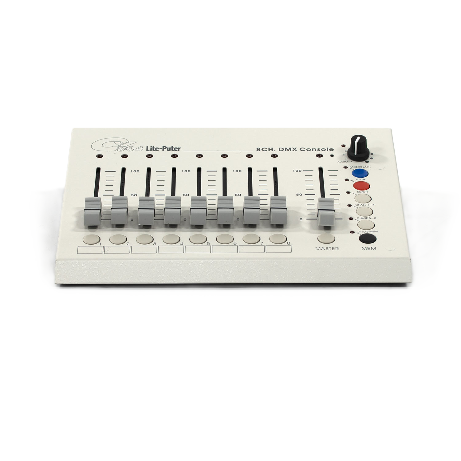 DMX console with control buttons and sliders on a white background