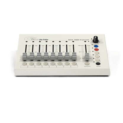 DMX console with control buttons and sliders on a white background