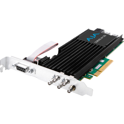 An AVA 12Gbps 4-port NVMe PCIe solid-state drive enclosure, featuring a black finned heatsink, silver metal bracket with a VGA connector and four BNC connectors, and a gold PCIe slot connector, shown on a white background.